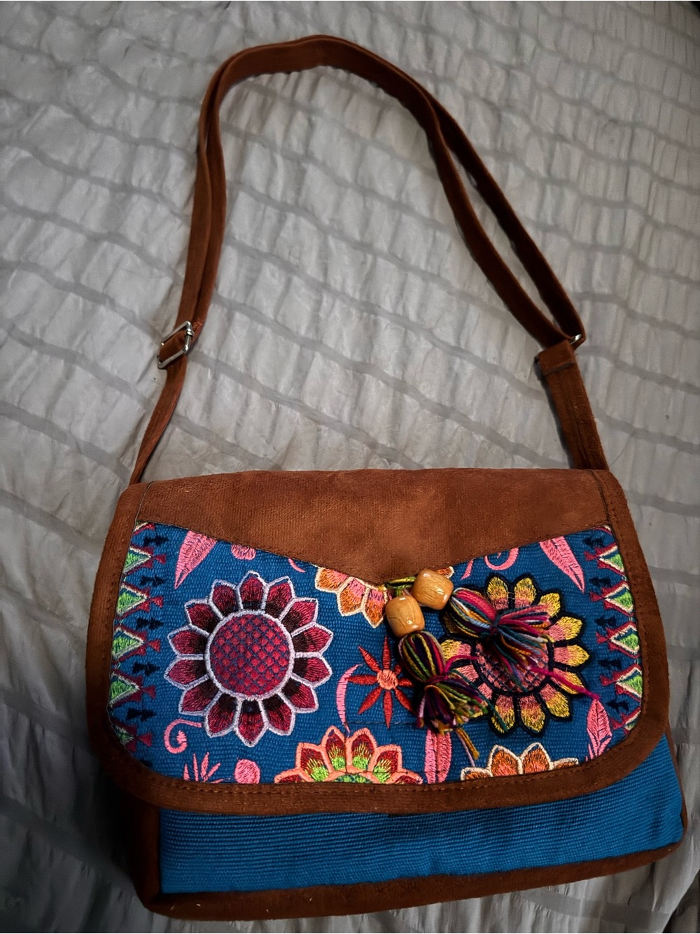Boho Floral Embroidered Crossbody Bag - Brown and Blue